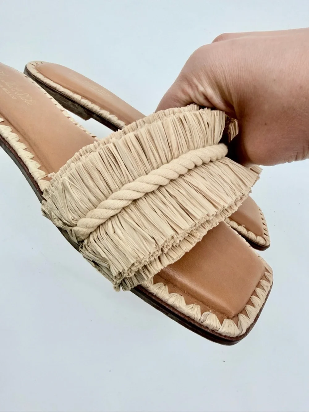 ANTONIO MELANI X THE NAT NOTE Madruga Raffia Fringe Flat Slide Sandals Natural